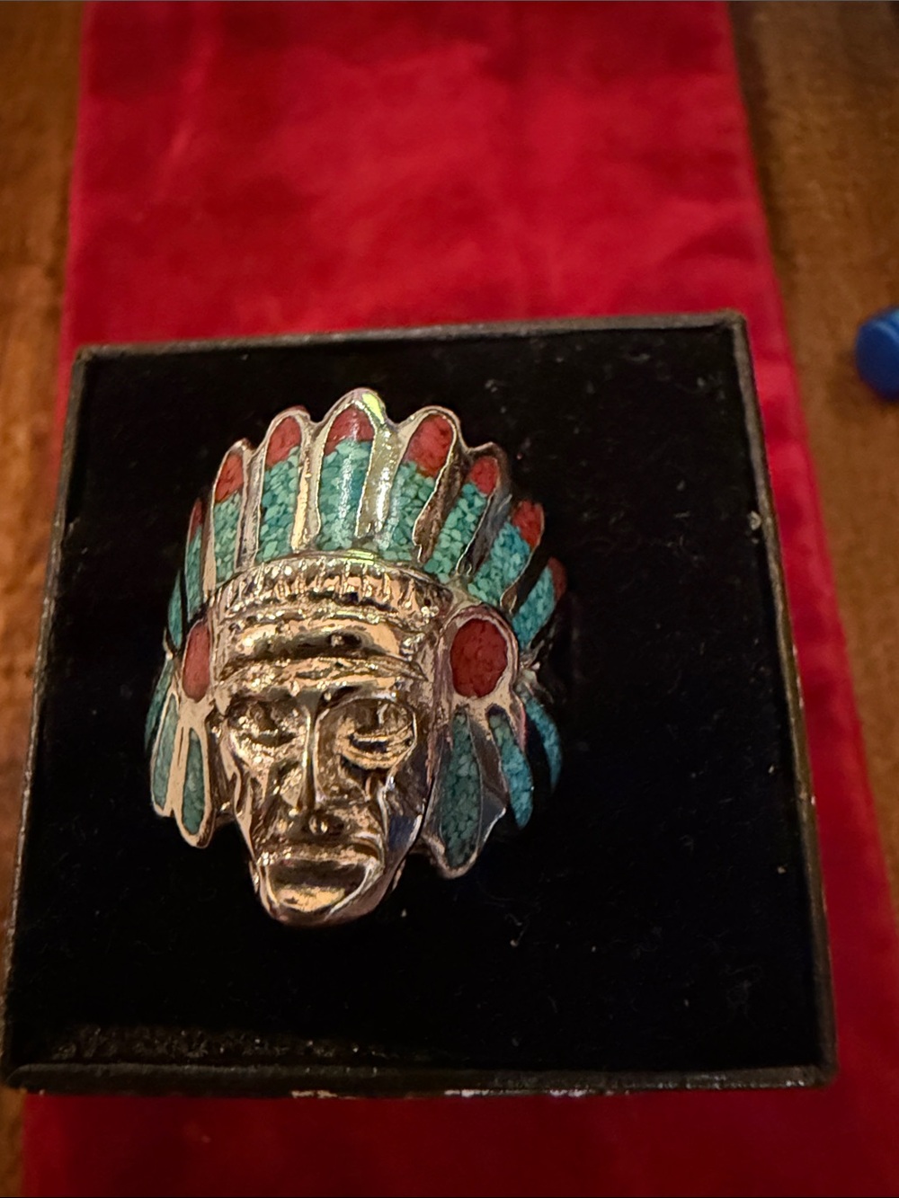 Silver-Tone Native Chief Ring with Turquoise and Red Coral Inlay Size 8